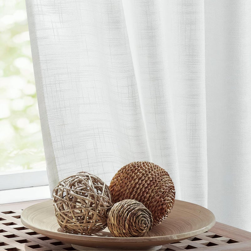 FMFUNCTEX Linen Semi Sheer White Curtains for Bedroom Living Room, Curtain Panels 63 Inch Length Sheer Linen Textured Window Drapes Farmhouse Light Filtering 2 Panels Rod Pocket - Image 1